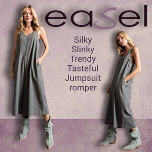 EASEL Linen Blend Loose Fit Cropped Wide Legged Jumpsuit Romper V-Neck & Pockets